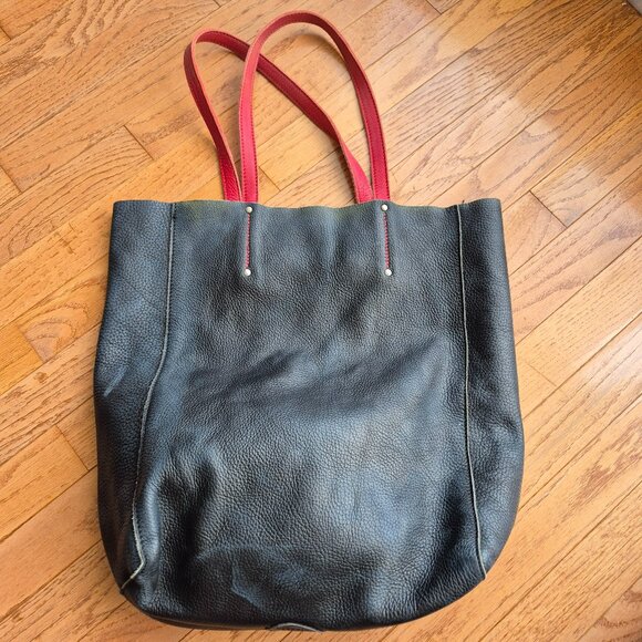 Roots Black Leather Tote with Red Handles - Picture 1 of 16